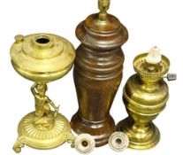 BRASS CHERUBIC COLUMN OIL LAMP BASE and two further lamp bases, ETC, 37, 29 and 51cm heights