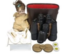 VINTAGE PORCELAIN HEAD DOLL, boxed baby boots, Russian 8 x 30 monocular and a pair of cased