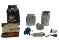 VINTAGE TABLE & POCKET LIGHTERS (4), silver thimble/needle case and a white metal model of an owl,