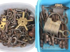 VINTAGE CLOCK, cabinet and large iron keys collection with an Eastern brass padlock and key, ETC