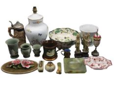 MIXED POTTERY, PORCELAIN & COLLECTABLES to include an Aynsley table lamp, a pair of carved soapstone
