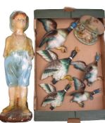 FLYING DUCK WALL ORNAMENTS (5), whistling boy plaster figurine, 60cms H and a recumbent fawn