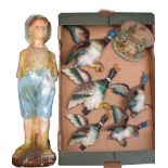 FLYING DUCK WALL ORNAMENTS (5), whistling boy plaster figurine, 60cms H and a recumbent fawn