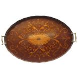 SHERATON STYLE INLAID MAHOGANY TWO-HANDLED TRAY - 59 x 39cms