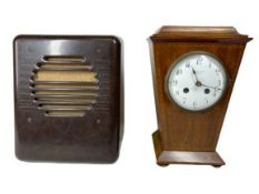 ANTIQUE MAHOGANY INLAID MANTEL CLOCK - (converted), 27cms tall, 18cms W, 13cms D and an old Bakelite