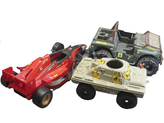 LARGE TOY VEHICLES (3) - to include a military jeep and a parcel of Scalextric racing track
