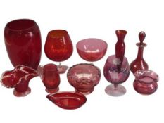 CRANBERRY & RUBY GLASS GROUP - 11 pieces, 22.5cms H the tallest