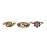 A 9CT GOLD CZ SET RING, 1.6grms, (one stone missing), a 9ct gold diamond and ruby floral set ring,