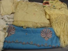 HOUSEHOLD LINEN & A SMALL QUANTITY OF CLOTHING to include a silk work shawl, silk work tablecloth,
