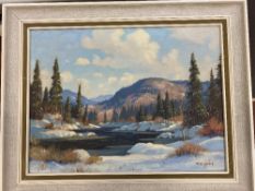 R GISSING (Canadian Artist 1895 - 1967) oil on canvas - Canadian river scene, snow covered ground to