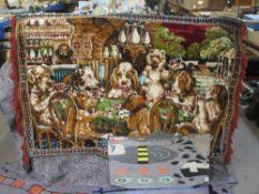 ART DECO STYLE WALL MIRROR and a comical dog tapestry/rug, 41 x 66cms and 97 x 140cms respectively