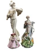 TALL COMPOSITION FIGURINE OF A STANDING LADY ADMIRING A BUTTERFLY IN HER HANDS, a further