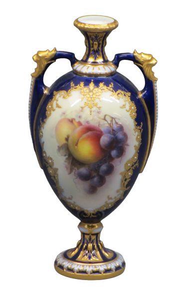 ROYAL WORCESTER PORCELAIN TWO-HANDLED VASE - with fruit decorated panel signed 'Richard Sebright',