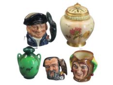 ROYAL DOULTON SMALL TOBY JUGS (3) - Lobster Man, Merlin and another, a small two-handled Royal