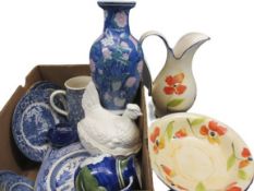 WILLOW PATTERN & OTHER BLUE & WHITE WARE, hen-on-nest egg holders and a modern floral decorated wash