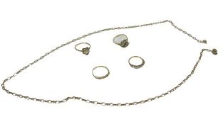9CT GOLD JEWELLERY, 5 ITEMS - a 64cms L belcher link necklace with gold plated clasp, crossover ring