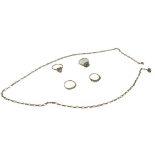 9CT GOLD JEWELLERY, 5 ITEMS - a 64cms L belcher link necklace with gold plated clasp, crossover ring