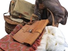 MISCELLANEOUS ITEMS - a fishing basket, holdall, a small pink and green wool throw, gent's fur lined