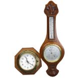 CARVED MAHOGANY BAROMETER WITH THERMOMETER and a Quartz brass cased ship's bulkhead type clock by