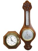 CARVED MAHOGANY BAROMETER WITH THERMOMETER and a Quartz brass cased ship's bulkhead type clock by
