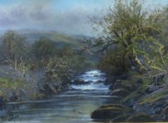 T FAIRFAX oil on board (behind glass) - mountain and riverscape, 39 x 54cms