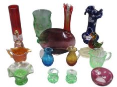 VINTAGE & LATER COLOURFUL GLASSWARE to include uranium glass, Bristol Blue type, Carnival and other