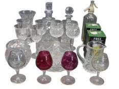 CUT & OTHER VASES, BOWLS & DRINKING GLASSWARE along with two glass decanters with stoppers and a