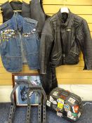 MOTORBIKING INTEREST ITEMS - to include rider's leathers, leather waistcoat, denim waistcoat