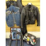 MOTORBIKING INTEREST ITEMS - to include rider's leathers, leather waistcoat, denim waistcoat