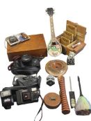 MIXED COLLECTABLES GROUP - pocket and other cameras, inlaid desktop cigarette box, ornamental