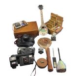 MIXED COLLECTABLES GROUP - pocket and other cameras, inlaid desktop cigarette box, ornamental