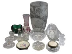 MIXED GLASSWARE GROUP including a heavy gauge transfer decorated vase, vinegar/oil bottles, chrome