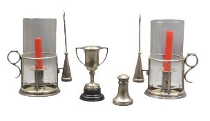 WALKER & HALL STORM GUARD CHAMBER STICKS, A PAIR and two small items of Birmingham hallmarked silver