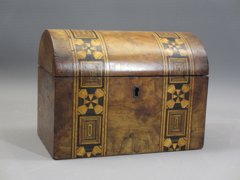VICTORIAN DOME TOP INLAID WALNUT TEA CADDY - with twin lidded interior compartments, 15cms H, - Image 2 of 3