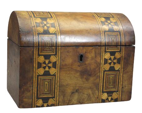VICTORIAN DOME TOP INLAID WALNUT TEA CADDY - with twin lidded interior compartments, 15cms H,