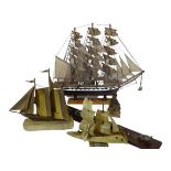 THREE MASTED MODEL OF A FULLY RIGGED SHIP, two further boat ornaments and a collection of various