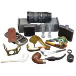 MIXED COLLECTABLES GROUP to include vintage pipes, hip flasks, Rolls Razor, ETC, the pipes include a