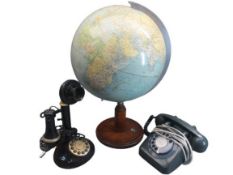 TELEPHONES - an old circular based 'microphone on stand' telephone, a conventional handheld