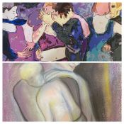 J W ANISARD pastel - 'Mother and Child', 31 x 26cms and mixed media - 'Damiers 2', 20 x 30cms,