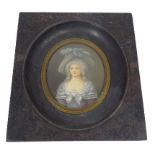 LATE 18TH CENTURY FRENCH PORTRAIT MINIATURE OF A LADY ON IVORY SLIP - wearing a large blue