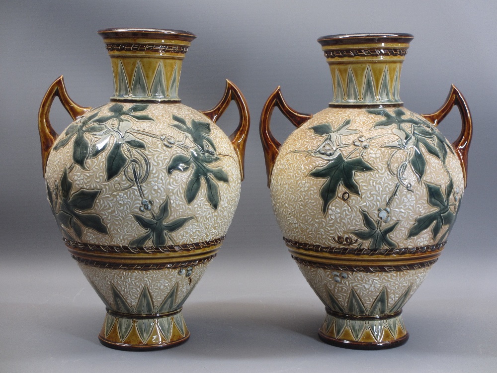 DOULTON LAMBETH STONEWARE VASES, A PAIR, lace work and incised berry and leaf pattern with twin - Image 2 of 3