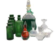 RED & CLEAR GLASS SCENT BOTTLES and other dressing table items, three green glass chemist bottles