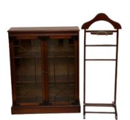 REPRODUCTION BOOKCASE CUPBOARD with twin glazed doors, 102cms H, 83cms W, 27cms D and a valet stand