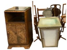 FURNITURE ASSORTMENT to include two valet stands, three bedroom chairs, a loom type linen basket,