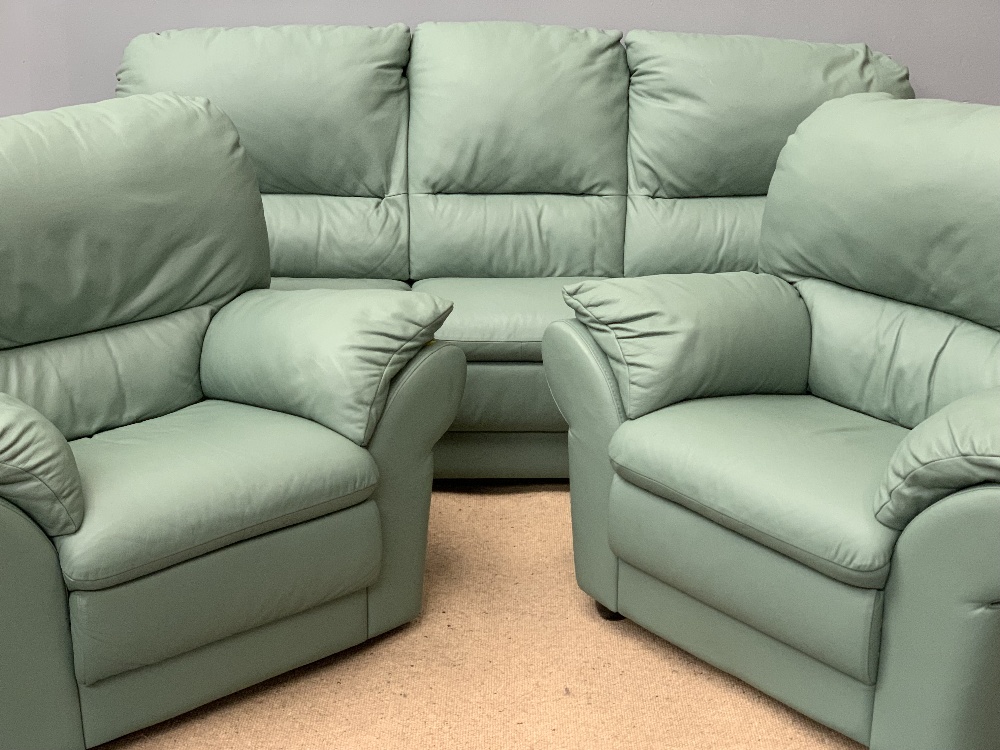 LEATHER EFFECT THREE PIECE SUITE in fine condition, mint green in colour, comprising three seater - Image 2 of 6