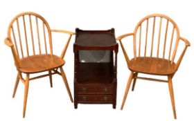 ERCOL CHAIRS - a pair of vintage light elm stickbacks, 82cms H, 41cms W, 36cms D, no labels and a