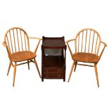 ERCOL CHAIRS - a pair of vintage light elm stickbacks, 82cms H, 41cms W, 36cms D, no labels and a