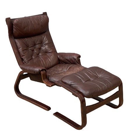 MID CENTURY TYPE BENTWOOD EASY CHAIR, 100cms H, 80cms W, 48cms D with matching footstool, 45cms H,