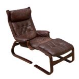 MID CENTURY TYPE BENTWOOD EASY CHAIR, 100cms H, 80cms W, 48cms D with matching footstool, 45cms H,