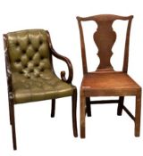 TWO CHAIRS - button backed leather effect elbow chair, 86cms H, 55cms W, 32cms D and an antique